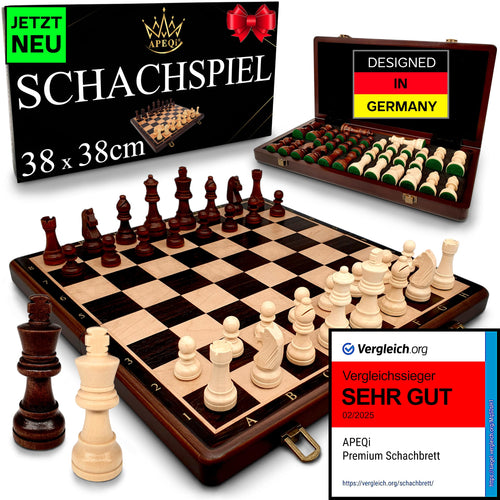 Schachspiel Massivholz 38x38cm mit Metallverschluss & 2 Extra-Damen