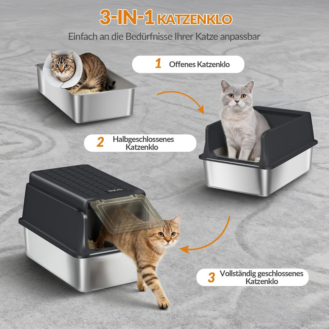 Katzentoilette Edelstahl XXL 3-in-1 mit Klappdeckel 60x40x38,5cm - Bild 4