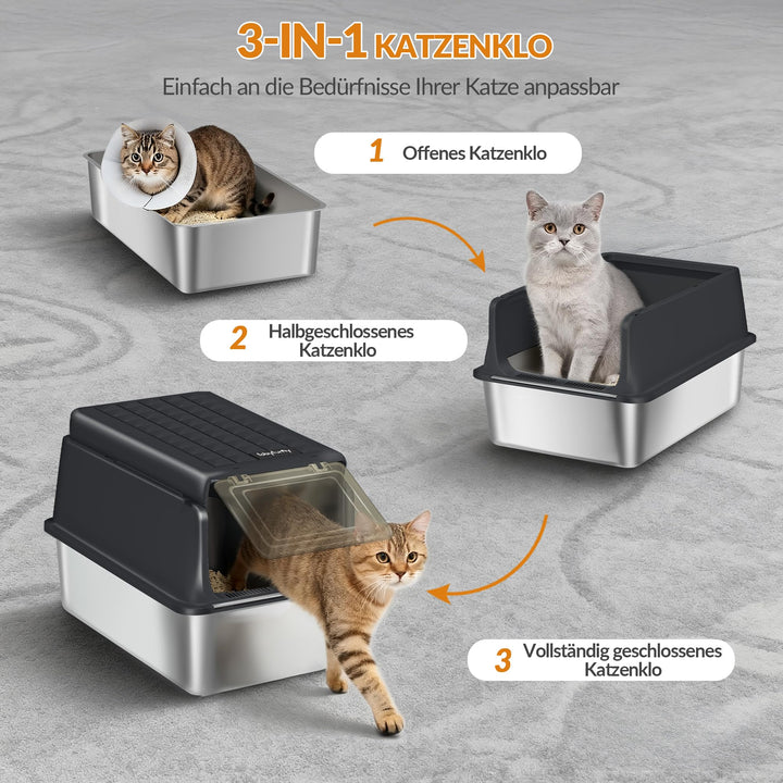 Katzentoilette Edelstahl XXL 3-in-1 mit Klappdeckel 60x40x38,5cm - Bild 4