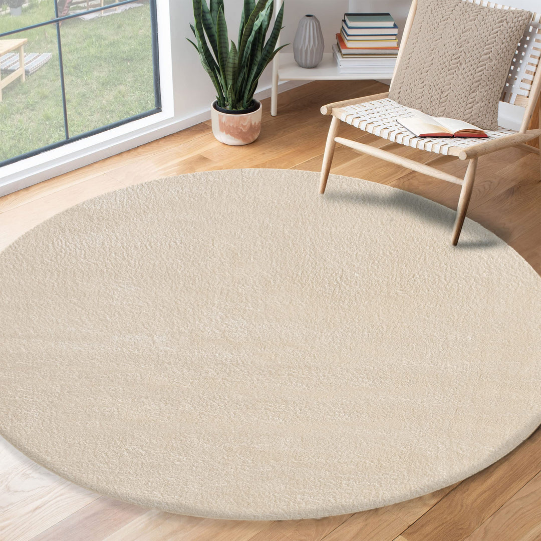 Kurzflor Teppich Rund 200cm Felloptik Beige waschbar Anti-Rutsch