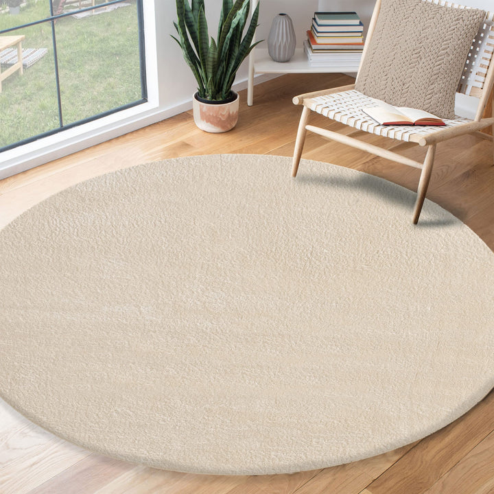 Kurzflor Teppich Rund 200cm Felloptik Beige waschbar Anti-Rutsch