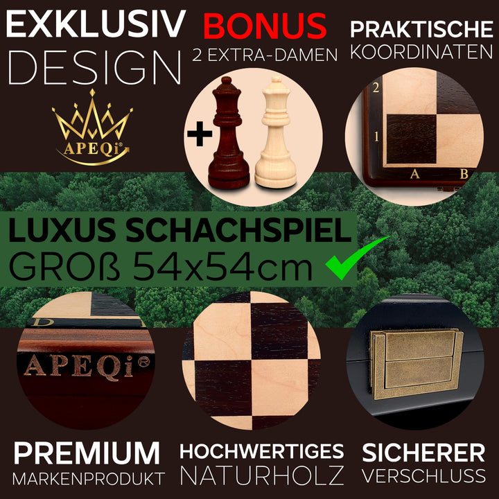 Schachspiel Holz Deluxe klappbar 54x54cm mit 32 Figuren - Bild 5