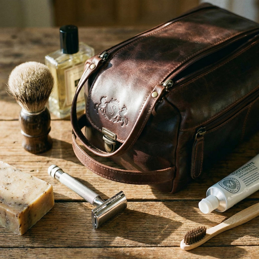 Kulturtasche Herren Echtleder handgefertigt Vintage-Look XL braun - Bild 3