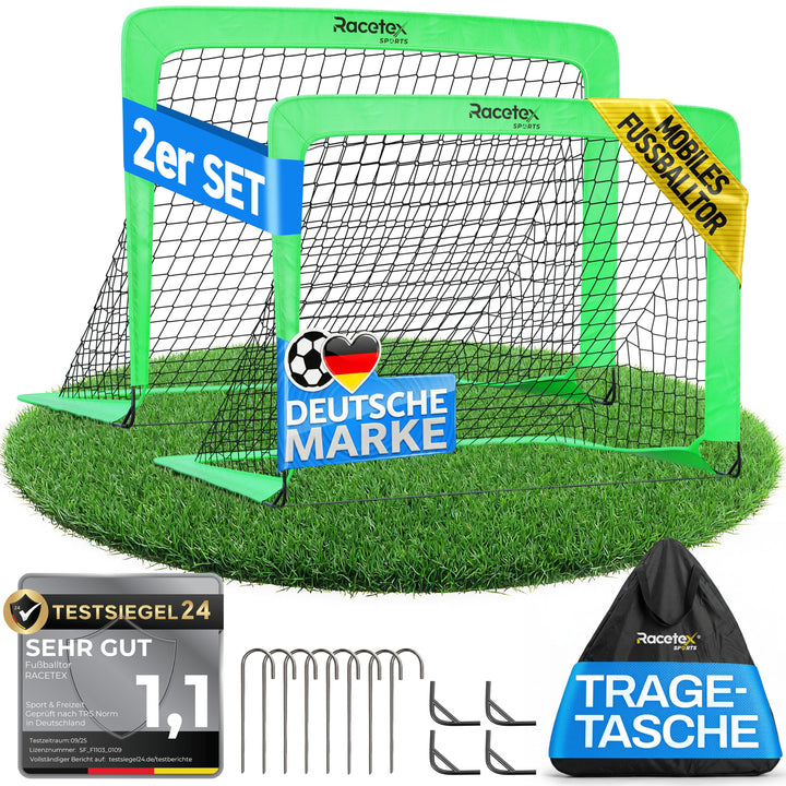 Fussballtor Kinder 2er Set faltbar mit Glasfaserstangen neongrün