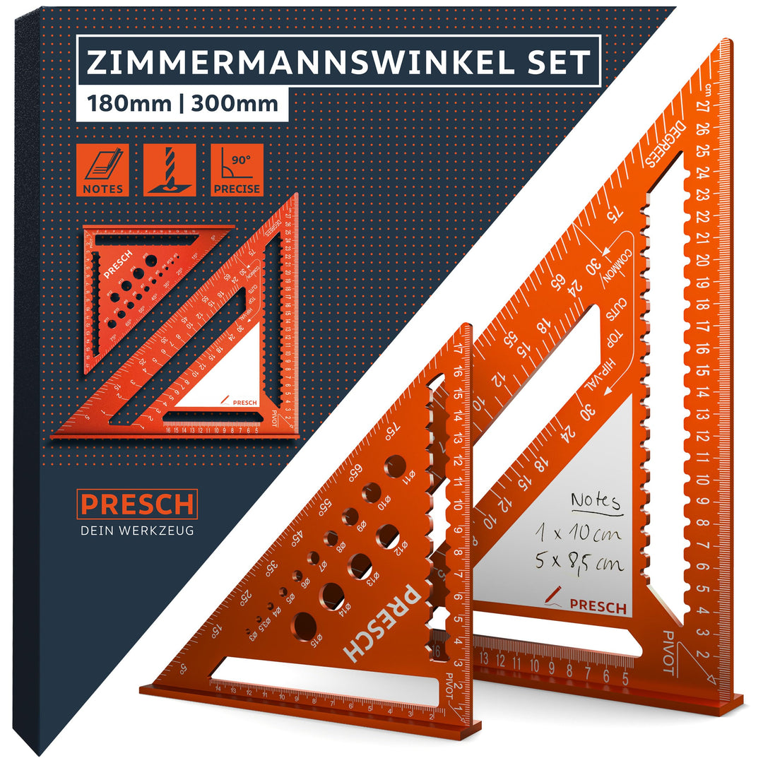Zimmermannswinkel Set Aluminium 180mm &amp; 300mm mit Bohrlehre und Notizfläche