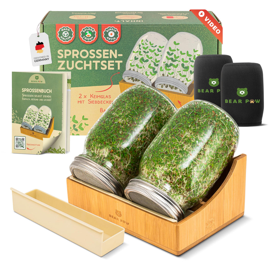 Keimglas Set 1000ml mit Bambushalterung für Sprossen, 2er Set