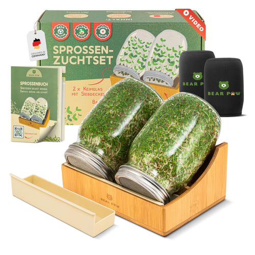 Keimglas Set 1000ml mit Bambushalterung für Sprossen, 2er Set