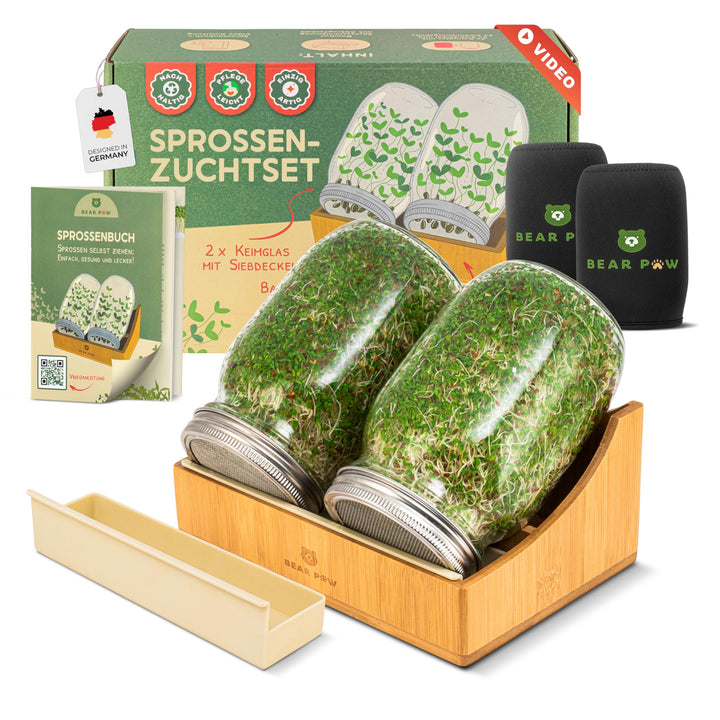 Keimglas Set 1000ml mit Bambushalterung für Sprossen, 2er Set