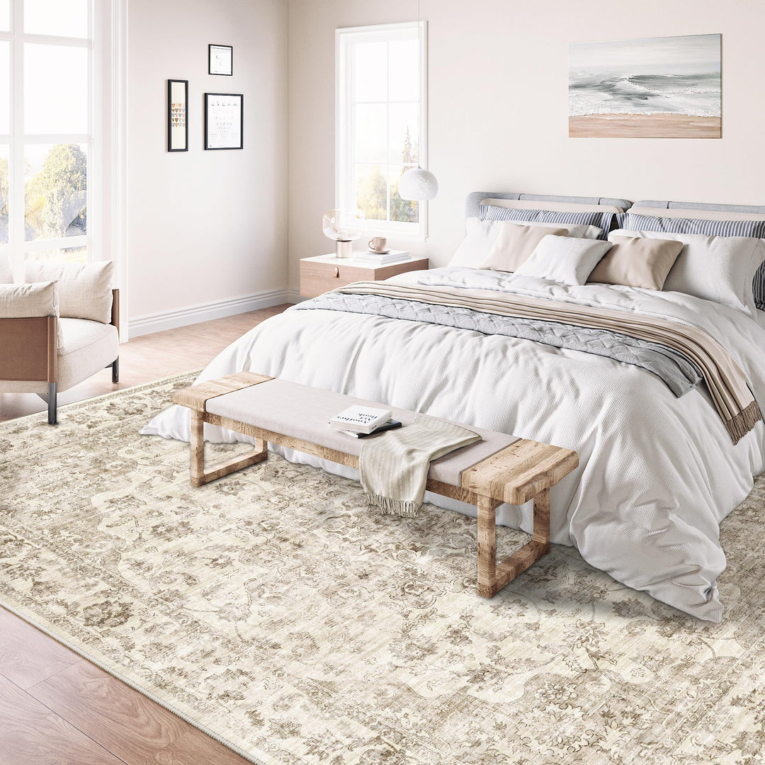 Teppich Vintage 200x300cm Beige Polyester waschbar Wohnzimmer