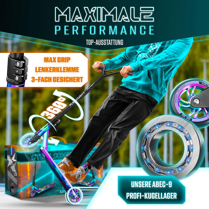 Stunt Scooter 360° Lenkung Aluminium 100mm PU-Räder ABEC 9 Rainbow - Bild 7