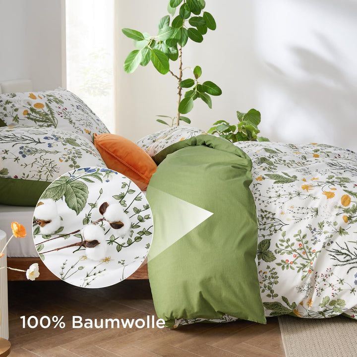 Bettwäsche 135x200 Baumwolle 4-teilig Blumenmuster Salbeigrün - Bild 6