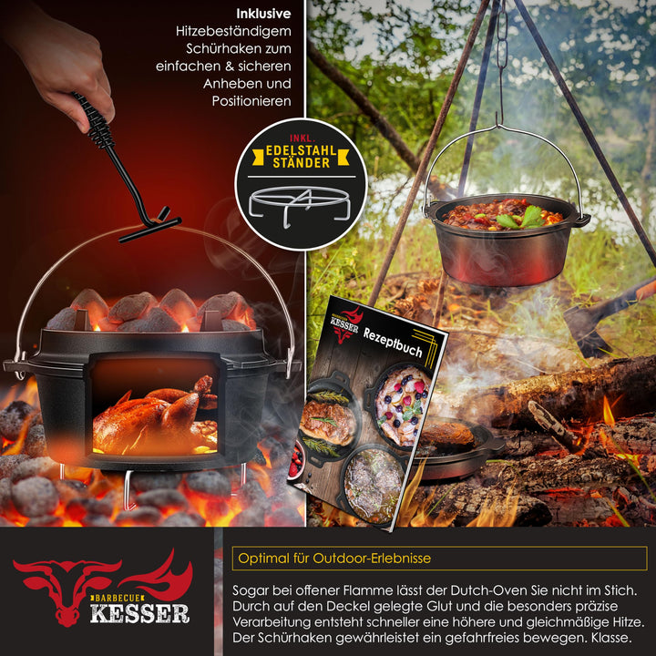 Dutch Oven Set Gusseisen 7,3 Liter mit 2-in-1 Deckel für Outdoor &amp; Indoor - Bild 5