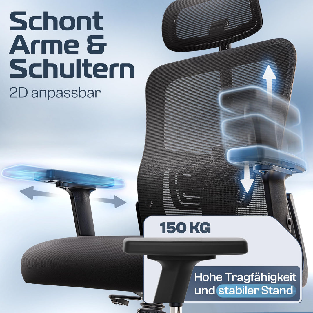 Bürostuhl Ergonomisch Mesh 2D-Armlehnen bis 150 kg bis 190 cm - Bild 4