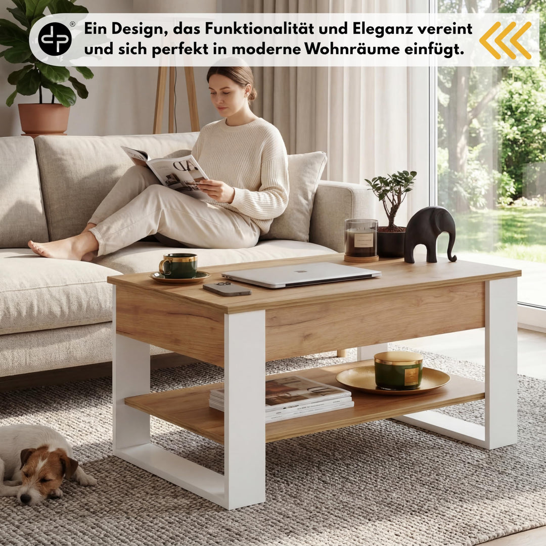 Couchtisch höhenverstellbar mit Stauraum 92x51 cm Weiss-Eiche - Bild 7