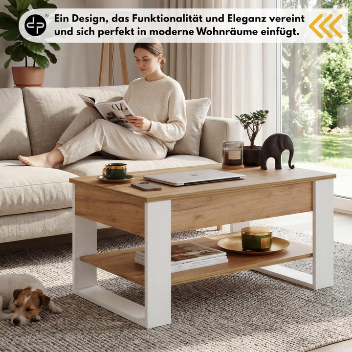 Couchtisch höhenverstellbar mit Stauraum 92x51 cm Weiss-Eiche - Bild 7
