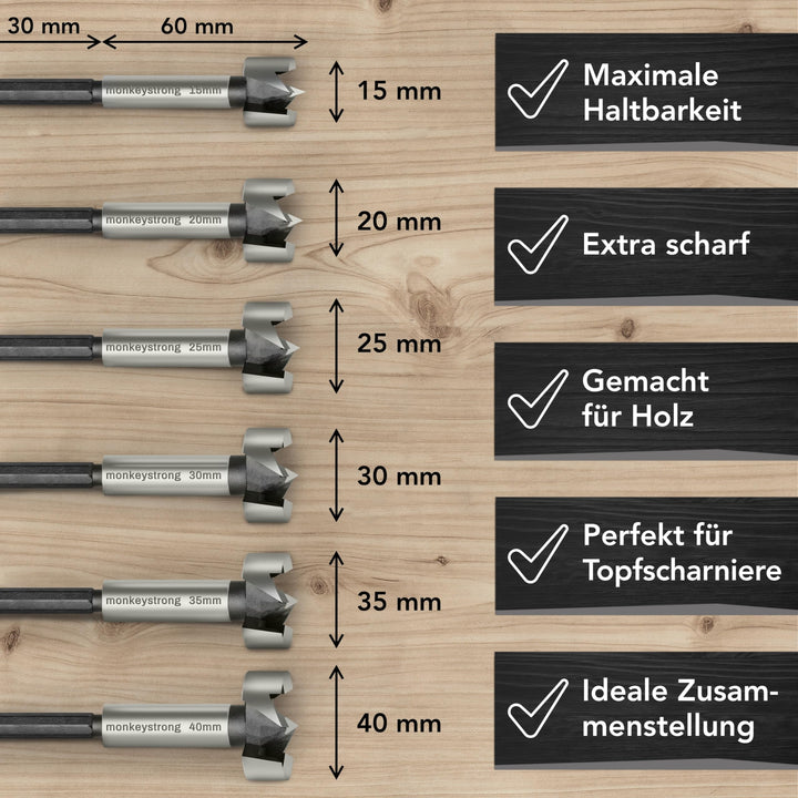 Forstnerbohrer Set 15-40mm 13-teilig mit Tiefenstopp und Bohrschablone - Bild 5