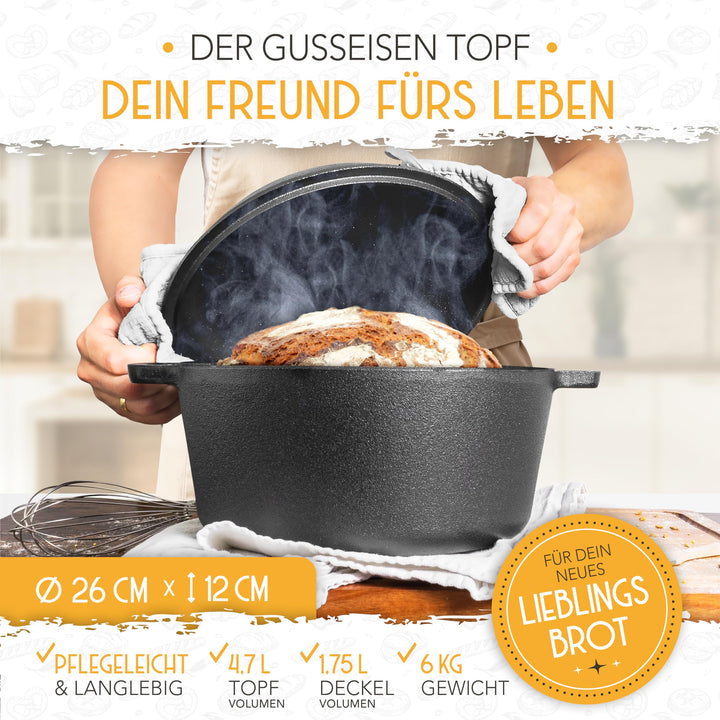 Brotbacktopf Gusseisen 26 cm mit Gärkörbchen Rattan-Set - Bild 5