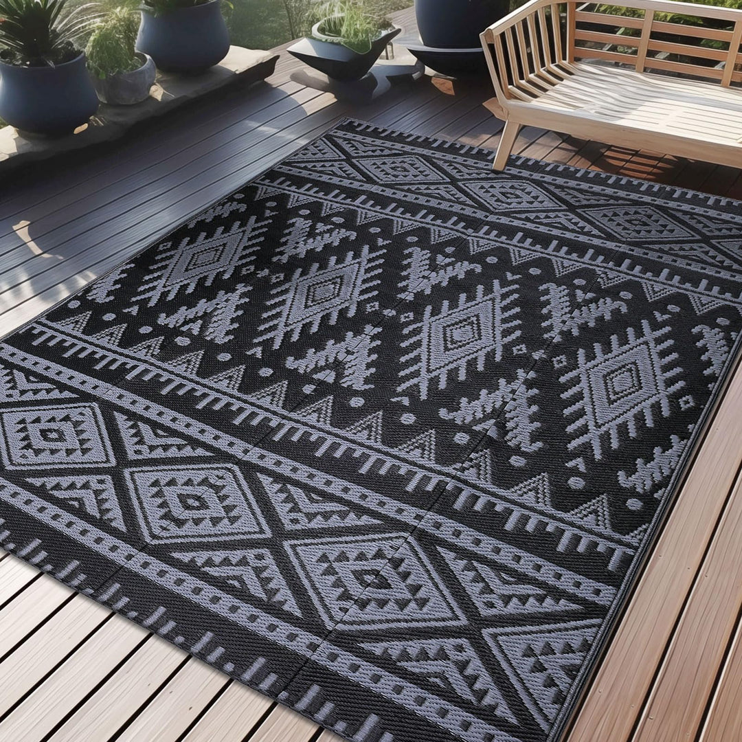 Outdoor Teppich wendbar 150x240 cm Schwarz/Grau geometrisch