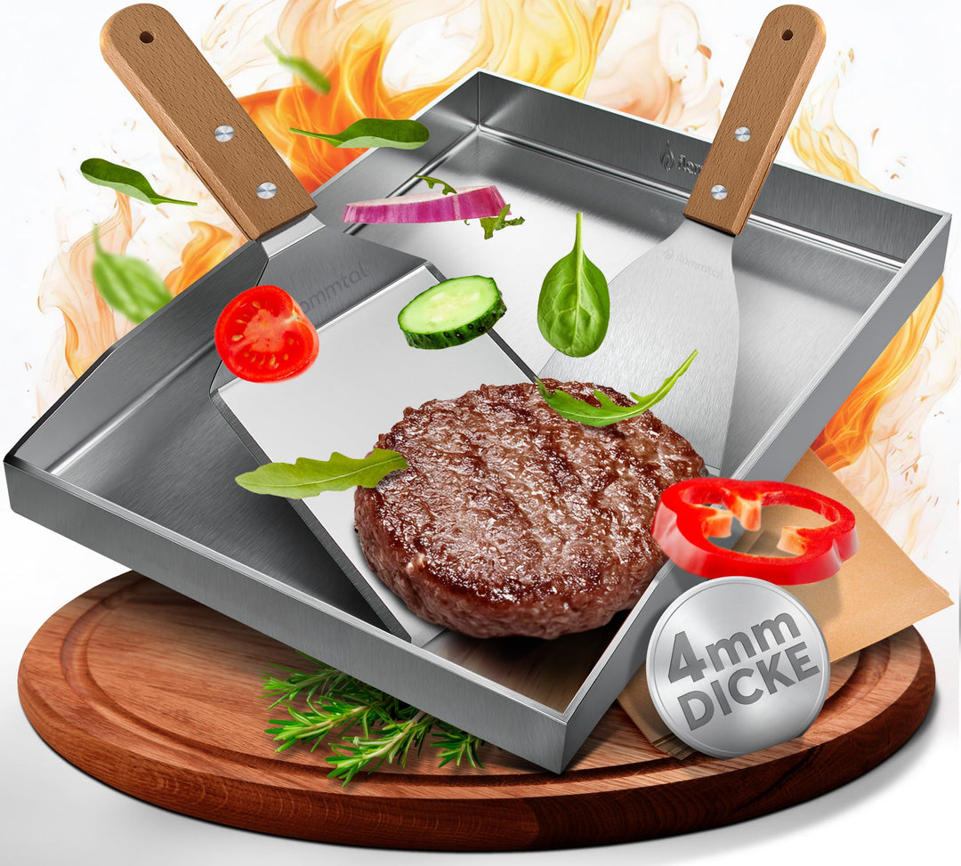 Plancha Grillplatte Edelstahl 4mm 40x30cm mit Grillspachteln