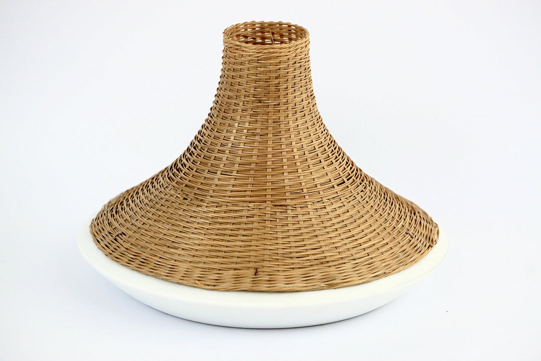 Keramikvase mit Bambusflechtdeckel handgefertigt Tischdeko weiss - Bild 2