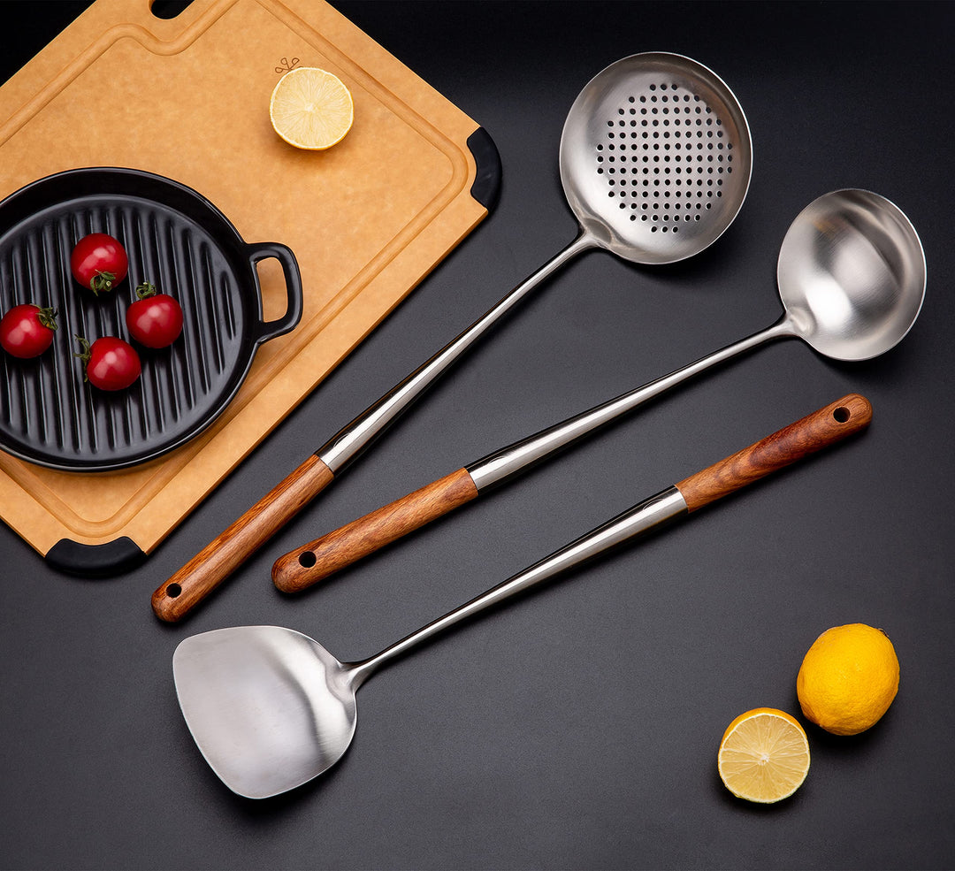 Wok-Kochutensilien Set 304 Edelstahl mit Birnenholzgriff 43 cm - Bild 3