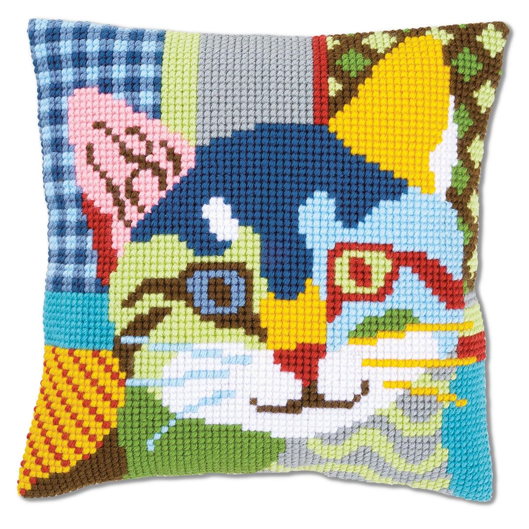 Kreuzstich Stickset Kissen Katze Patchwork 40x40 cm Anfänger