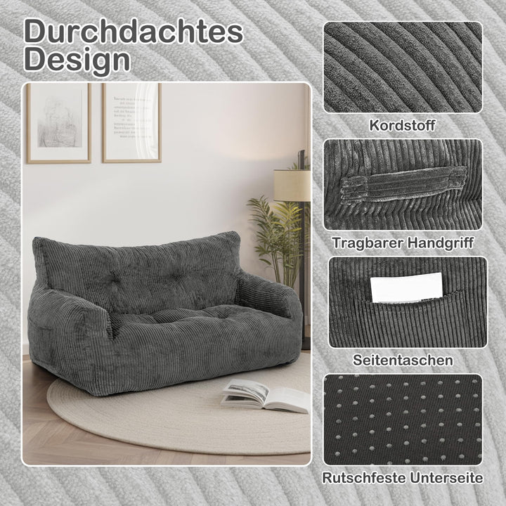 Sitzsack Lounge Sessel Kord Grau mit Armlehnen für Erwachsene - Bild 2