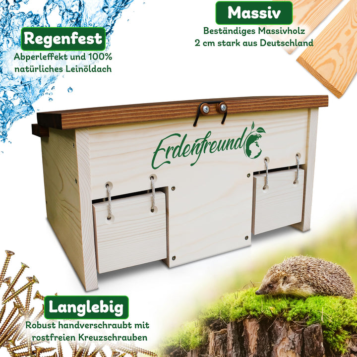 Igelfutterhaus mit Rattenklappe Massivholz 2 Labyrintheingänge - Bild 2
