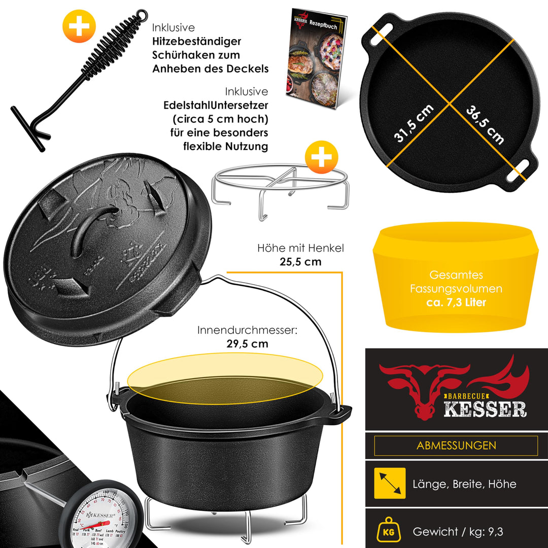 Dutch Oven Set Gusseisen 7,3 Liter mit 2-in-1 Deckel für Outdoor &amp; Indoor - Bild 7