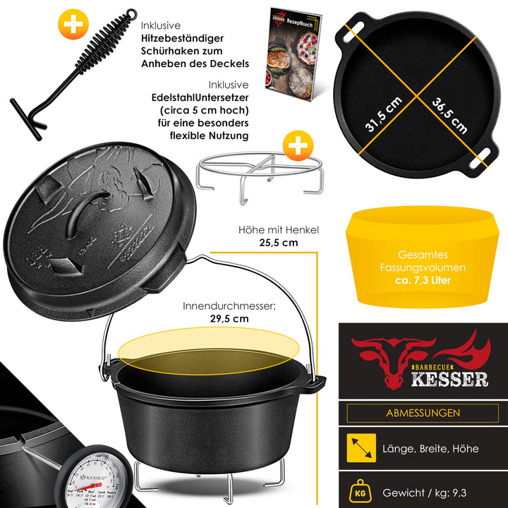 Dutch Oven Set Gusseisen 7,3 Liter mit 2-in-1 Deckel für Outdoor &amp; Indoor - Bild 7