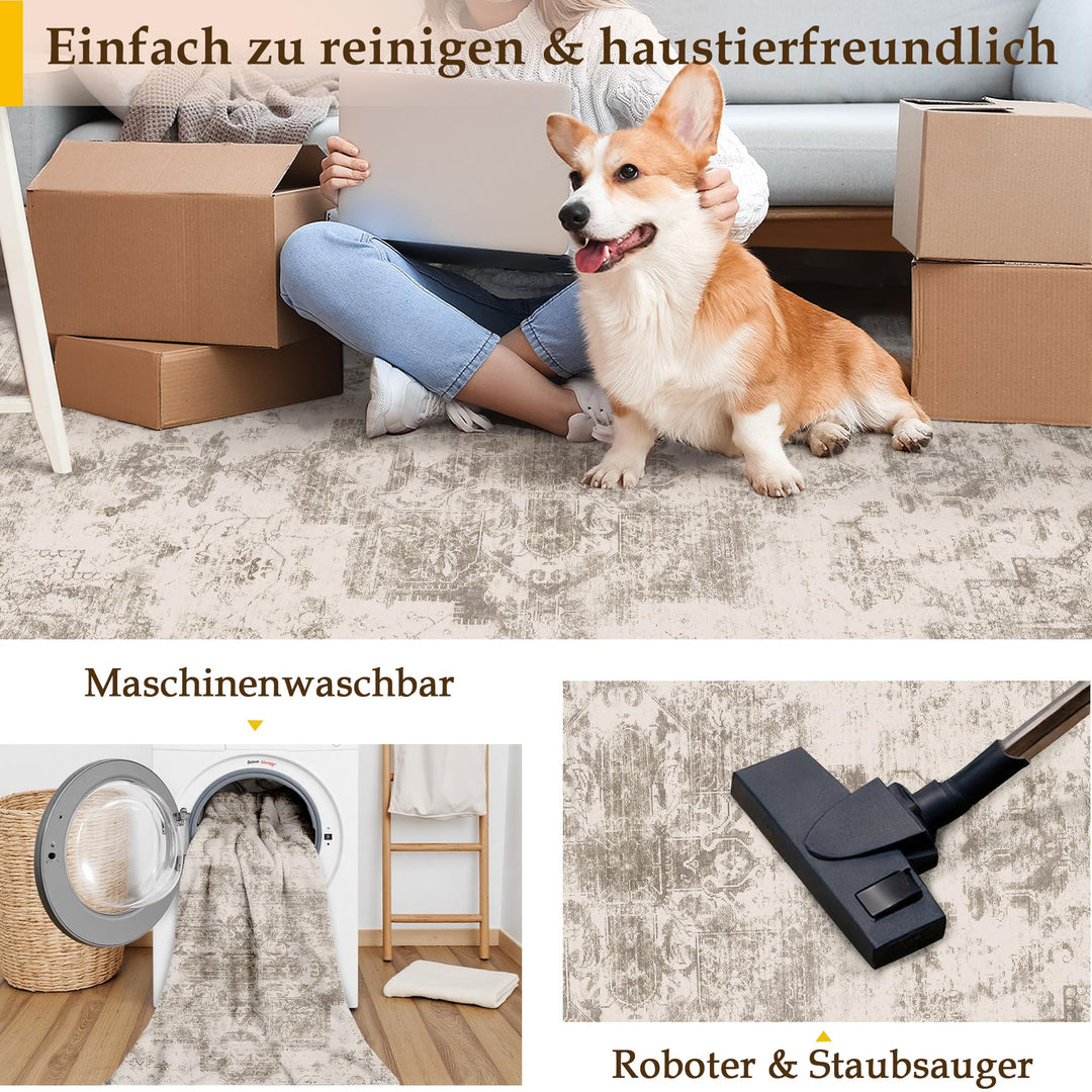 Vintage Teppich Wohnzimmer 240x300 cm waschbar Retro-Muster Beige - Bild 4