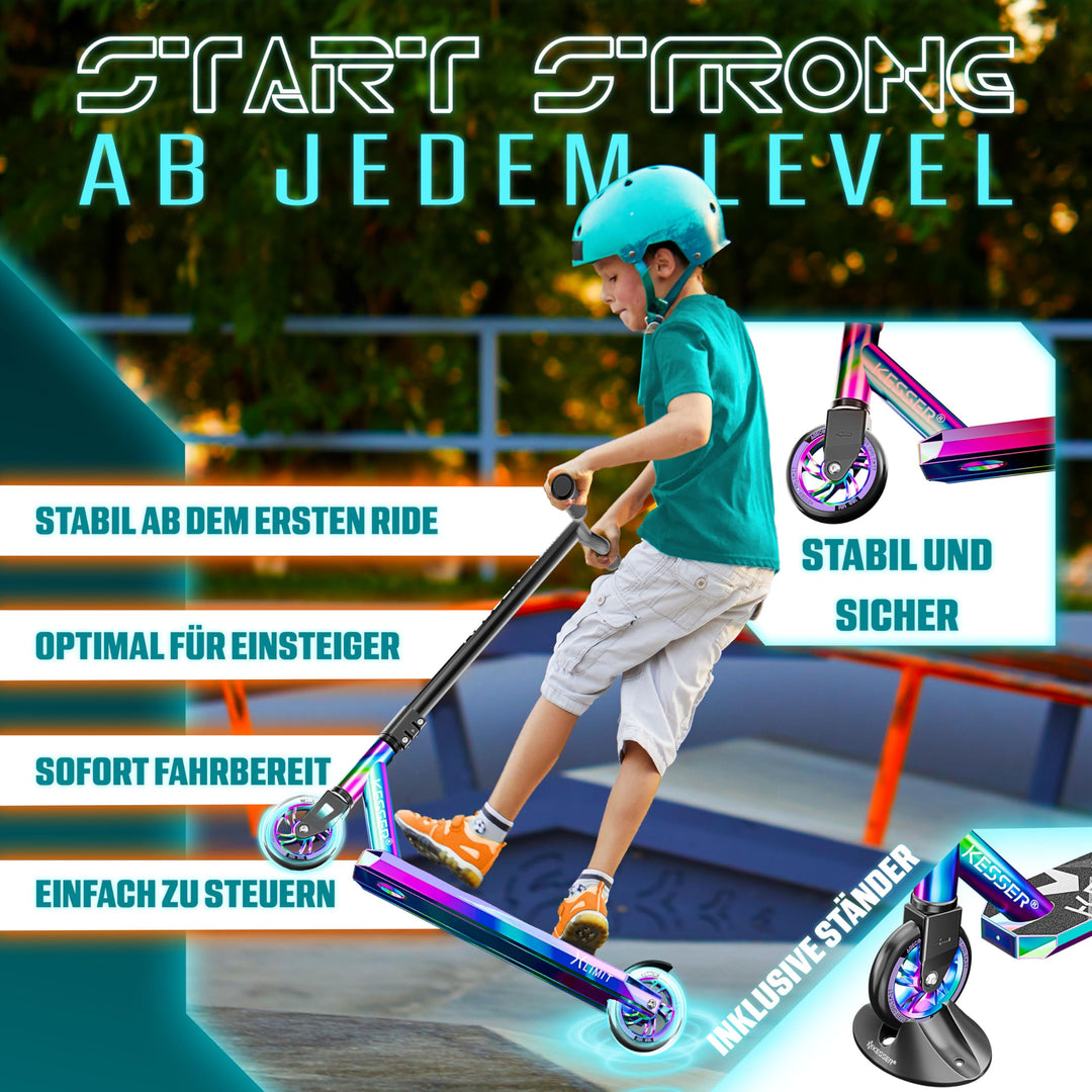 Stunt Scooter 360° Lenkung Aluminium 100mm PU-Räder ABEC 9 Rainbow - Bild 3