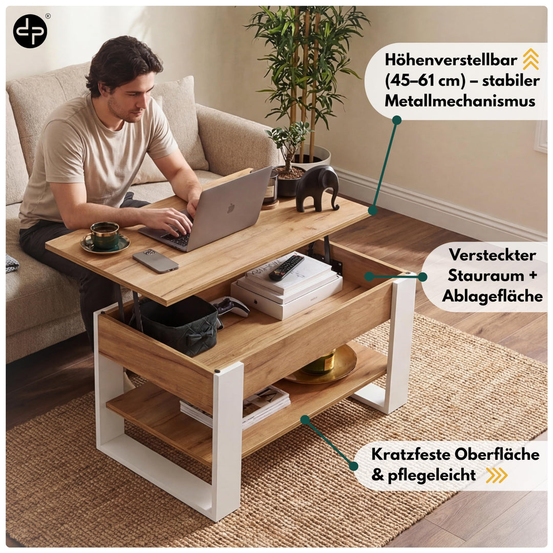 Couchtisch höhenverstellbar mit Stauraum 92x51 cm Weiss-Eiche - Bild 3
