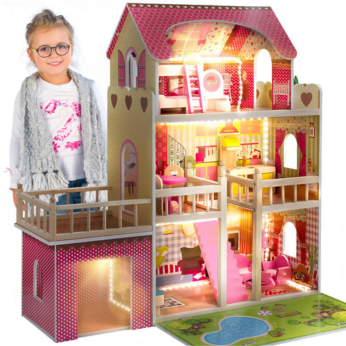 Puppenhaus Holz 3-Etagen-Villa mit Garage LED-Licht 17 Möbel