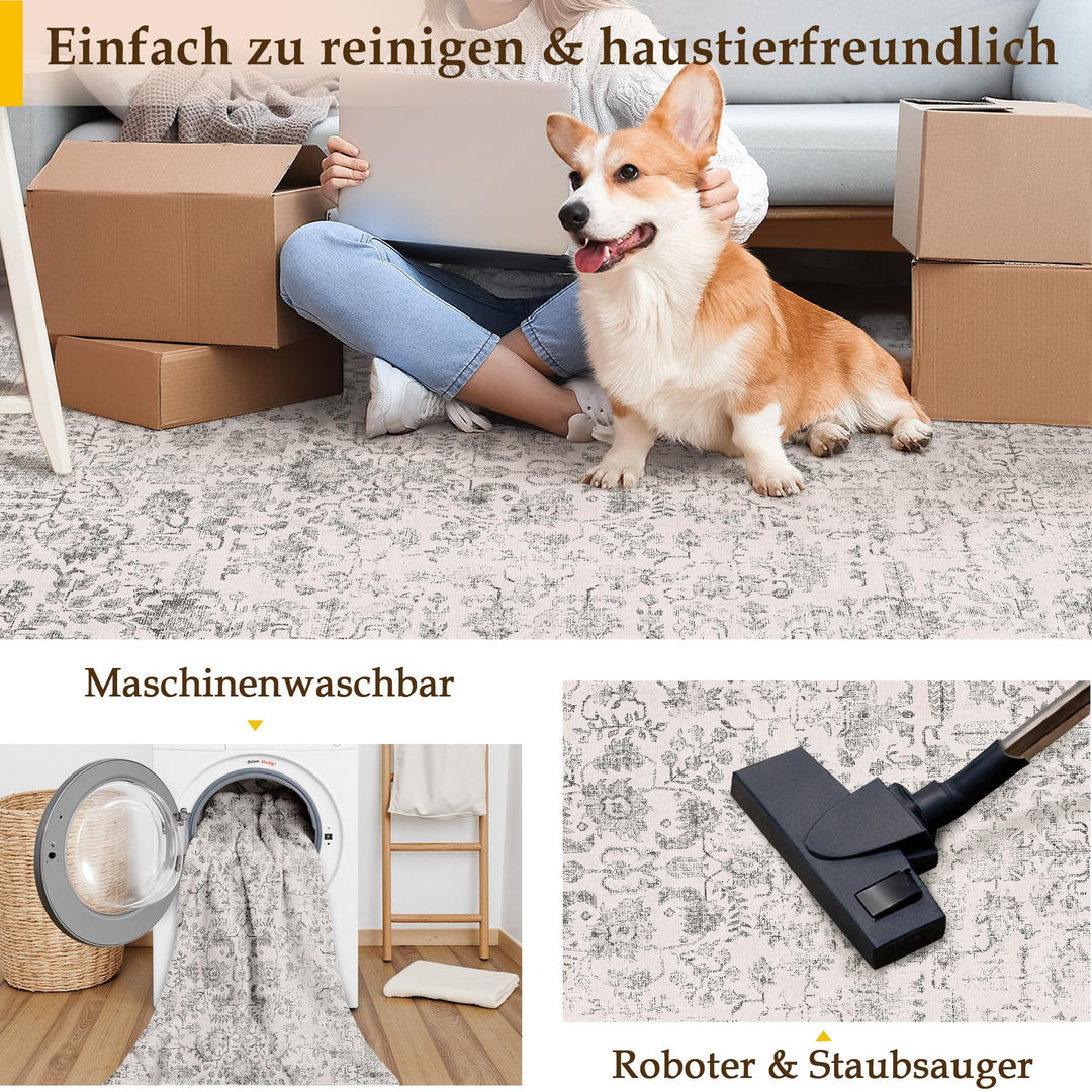 Vintage Teppich Wohnzimmer 240x300 cm waschbar Polyester Retro - Bild 4