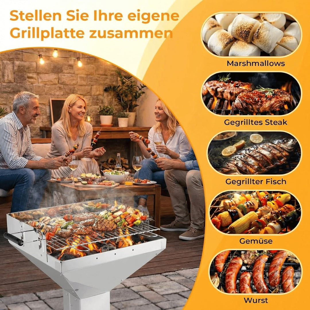 Holzkohlegrill Edelstahl Säulengrill 45x46cm Rost für 4-6 Personen - Bild 5