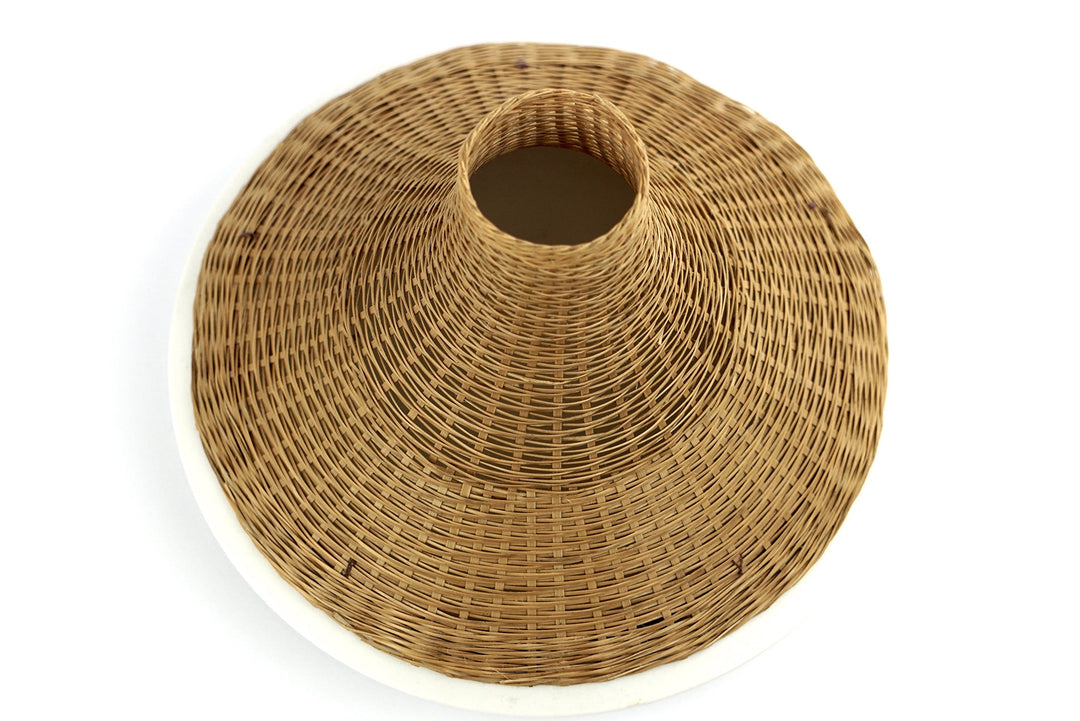 Keramikvase mit Bambusflechtdeckel handgefertigt Tischdeko weiss - Bild 3