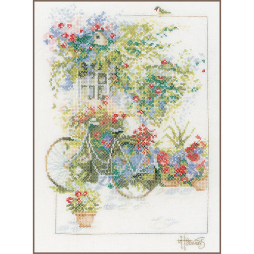 Kreuzstich-Stickpackung Fassade mit Blumen 29x39 cm Komplett-Set