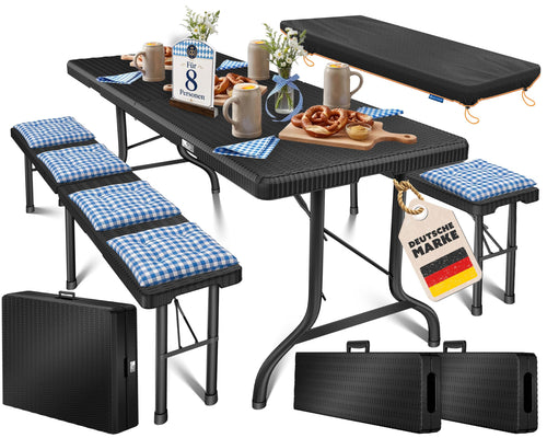 Bierzeltgarnitur klappbar 3-teilig Tisch + 2 Bänke Rattan-Look