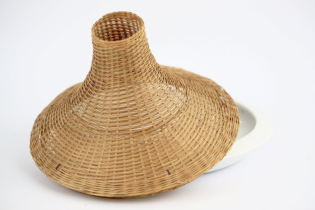 Keramikvase mit Bambusflechtdeckel handgefertigt Tischdeko weiss - Bild 4