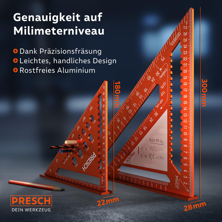 Zimmermannswinkel Set Aluminium 180mm &amp; 300mm mit Bohrlehre und Notizfläche - Bild 6
