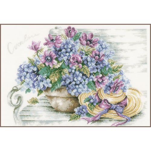 Kreuzstich-Stickpackung Hortensien & Bank 44x34 cm für Erwachsene