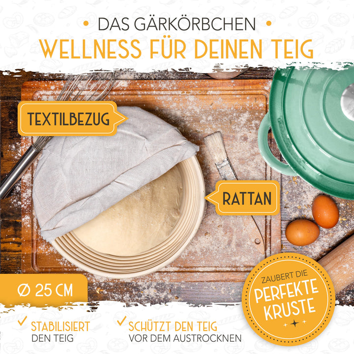 Brotbacktopf Gusseisen emailliert 26 cm mit Gärkorb Rattan - Bild 4