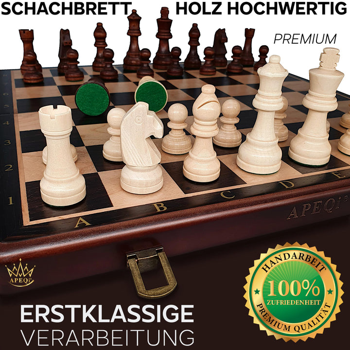 Schachspiel Massivholz 38x38cm mit Metallverschluss &amp; 2 Extra-Damen - Bild 3