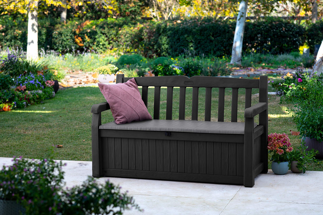 Gartenbank mit Stauraum 265 L Kissenbox Holzoptik 2-Sitzer grau - Bild 8