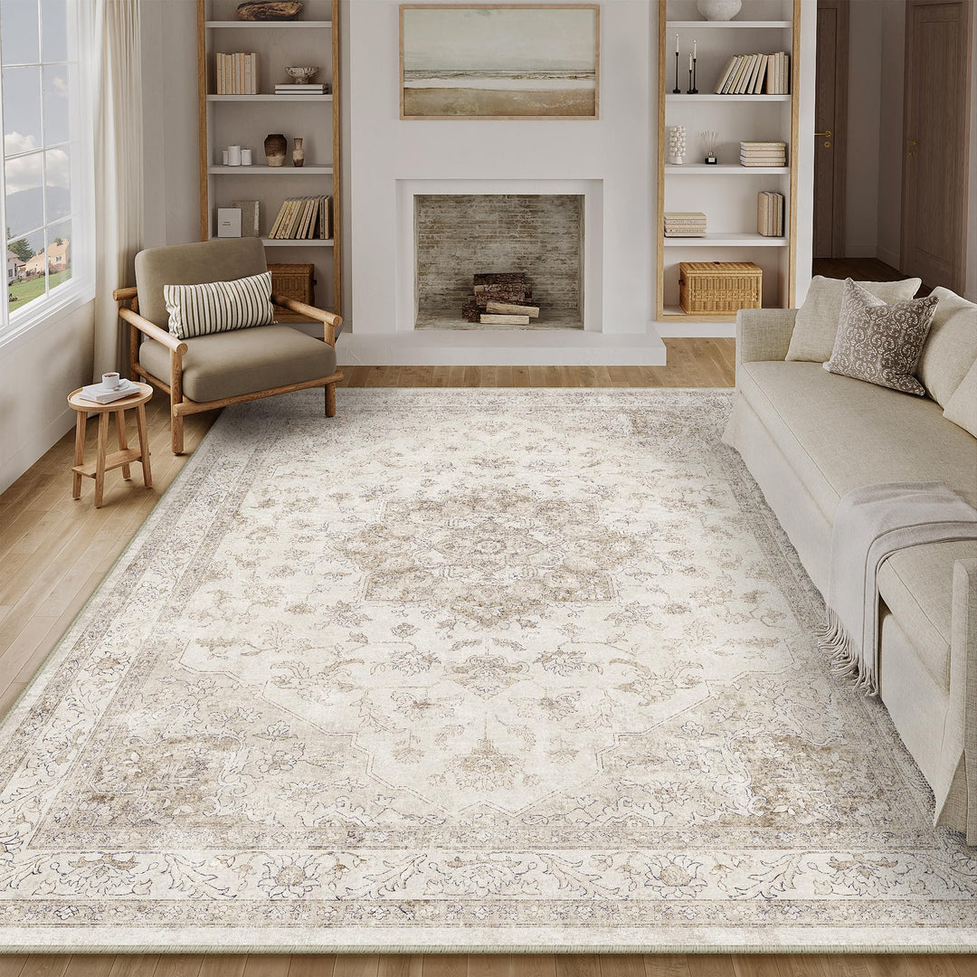 Teppich Vintage Beige 200x300 cm waschbar Wohnzimmer Polyester