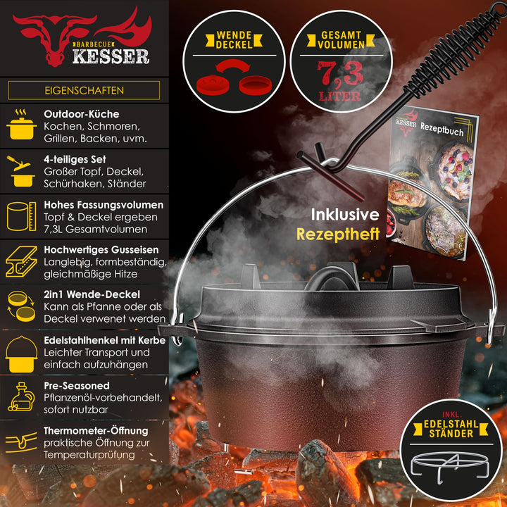Dutch Oven Set Gusseisen 7,3 Liter mit 2-in-1 Deckel für Outdoor &amp; Indoor - Bild 2