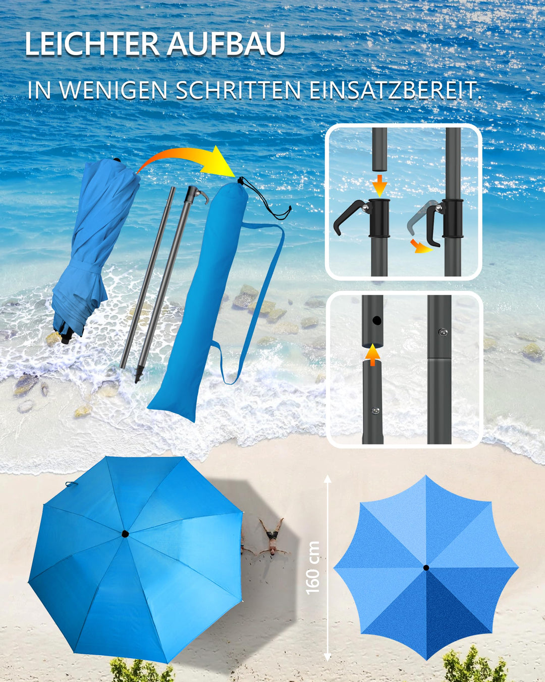 Faltbarer Strand-Sonnenschirm UPF 50+ Ø 160 cm Blau für Reise - Bild 3