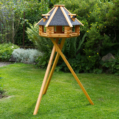 Vogelhaus XXL Holz mit Solarbeleuchtung, Futtersilo und Ständer