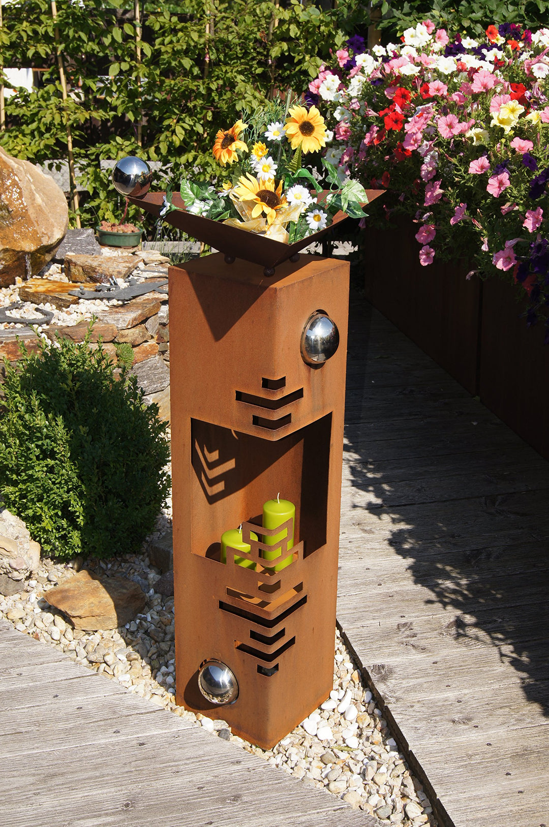 Feuersäule Edelrost Modern mit Edelstahlkugeln 25x25x100 cm - Bild 4